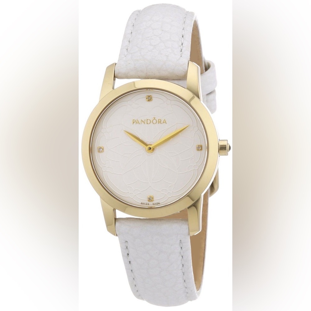 Pandora 18K Gold Plated Fleur Watch with White Leather Strap